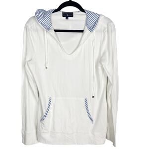 Duffield Lane Womens Small S White Blue Split V Neck Pullover Hoodie Lightweight